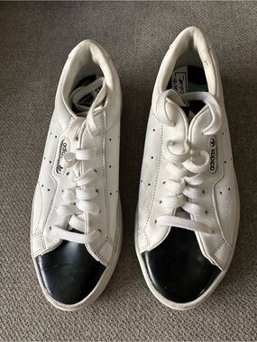 Adidas White Leather Sneakers with Black Toe Cap Toe